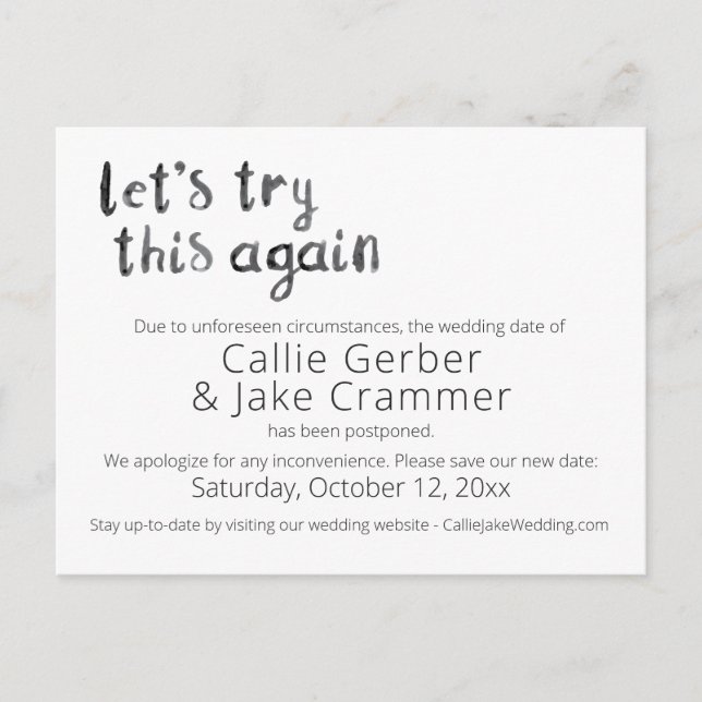 Watercolor Try Again Wedding Postponed Postcard (Front)