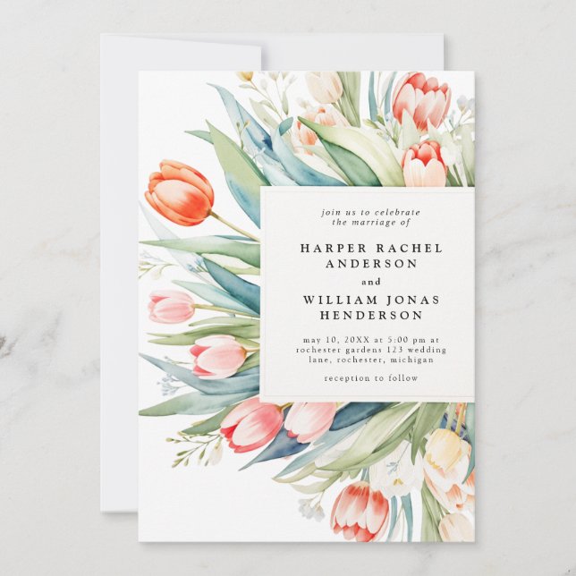 Watercolor tulip bouquet wedding invitation (Front)