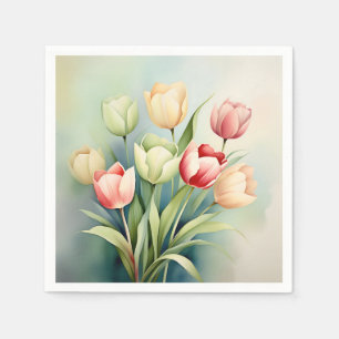 Watercolor Tulip Garden On Sage Green Napkin