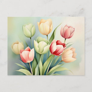 Watercolor Tulip Garden On Sage Green Postcard