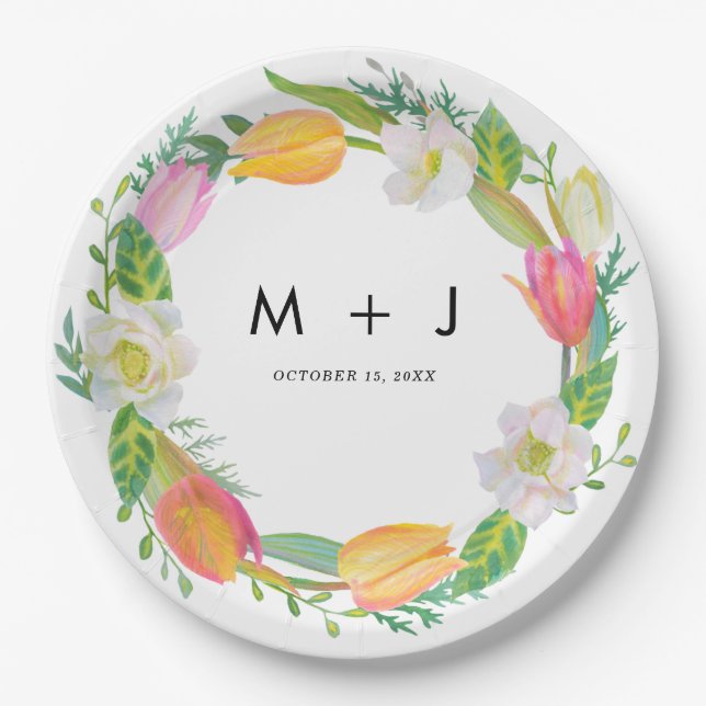Watercolor Tulip Pink and White Wedding Cheers Paper Plate (Front)