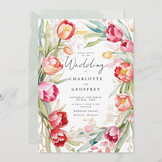 Watercolor tulip qr code wedding invitation (Front/Back)