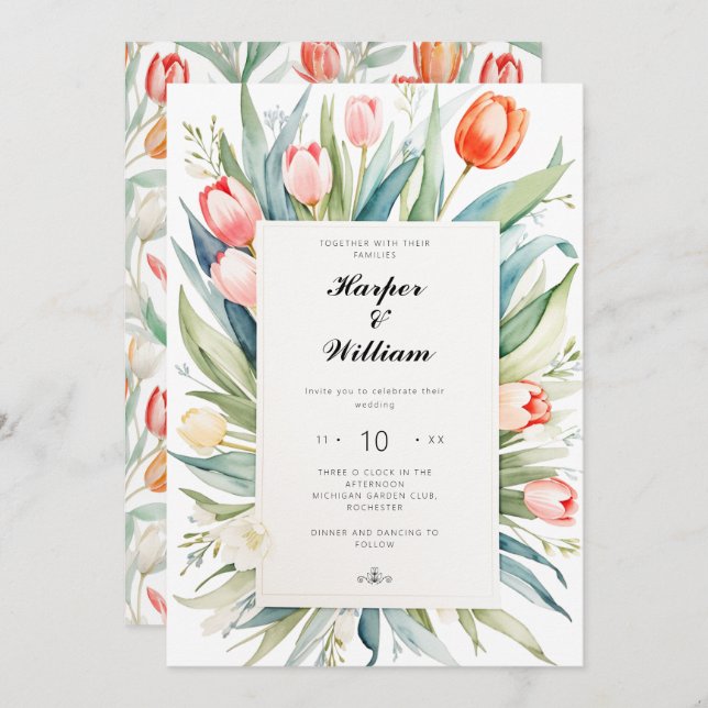 Watercolor tulip wedding invitation (Front/Back)