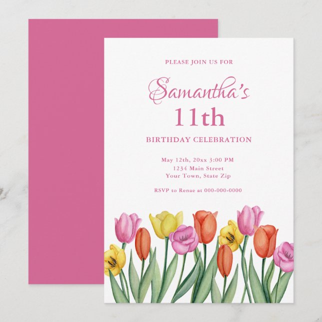 Watercolor Tulips 11th Birthday  Invitation (Front/Back)