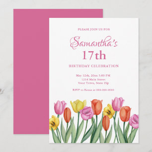 Watercolor Tulips 17th Birthday  Invitation