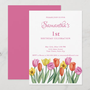 Watercolor Tulips 1st Birthday  Invitation