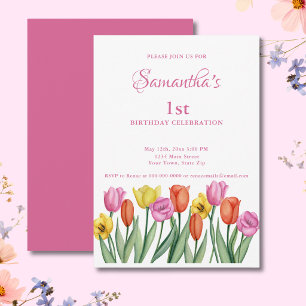 Watercolor Tulips 1st Birthday  Invitation