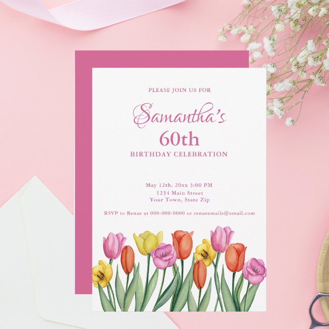 Watercolor Tulips 60th Birthday Party Invitation (Creator Uploaded)