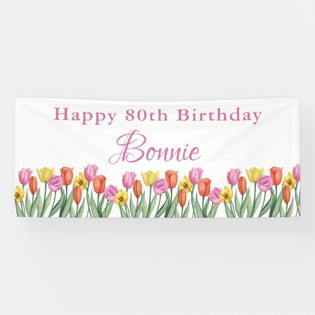 Watercolor Tulips 80th Birthday Party Banner (Horizontal)
