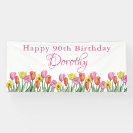 Watercolor Tulips 90th Birthday Party Banner