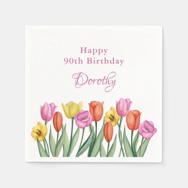 Watercolor Tulips 90th Birthday Party Napkin (Front)