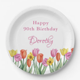 Watercolor Tulips 90th Birthday Party Paper Plate