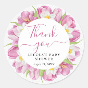 Watercolor Tulips and Daffodils Baby Shower Classic Round Sticker