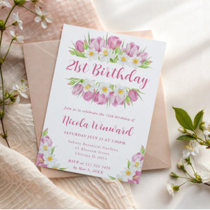 Watercolor Tulips and Daffodils Frame Birthday Invitation