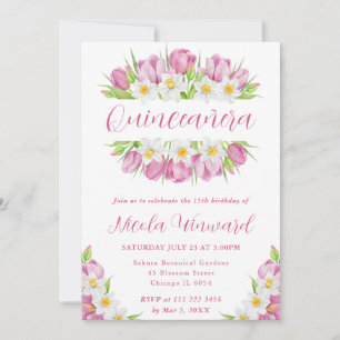 Watercolor Tulips and Daffodils Frame Quinceanera Invitation