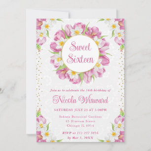 Watercolor Tulips and Daffodils Sweet Sixteen Invitation