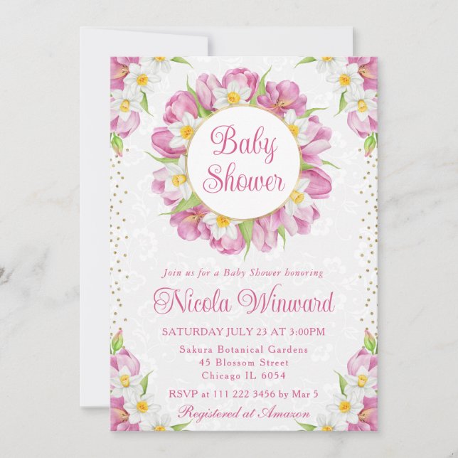 Watercolor Tulips and Daffodils Wreath Baby Shower Invitation (Front)