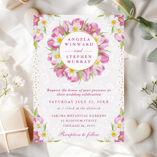 Watercolor Tulips and Daffodils Wreath Wedding Invitation