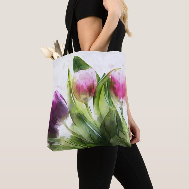 Watercolor Tulips And Leaves Tote Bag (Close Up)