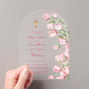 Watercolor Tulips Arch Religious Wedding Acrylic Invitations