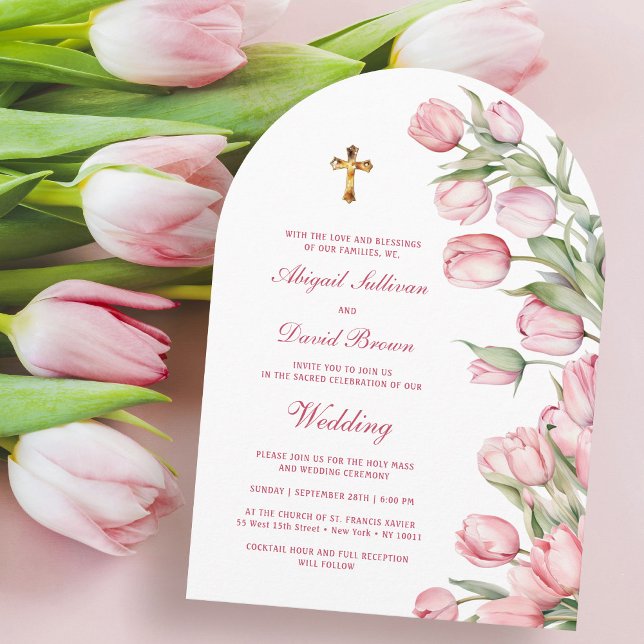 Watercolor Tulips Arch Religious Wedding Invitation (Creator Uploaded)