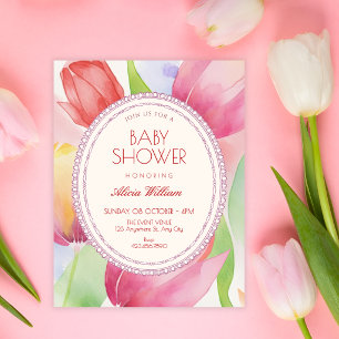 Watercolor tulips bloom baby shower invitation