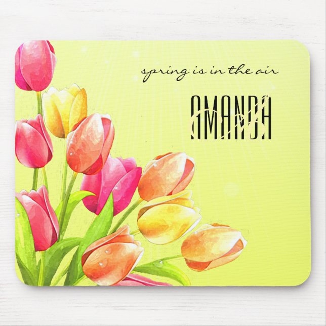 Watercolor Tulips Bouquet Monogram Mouse Pad (Front)