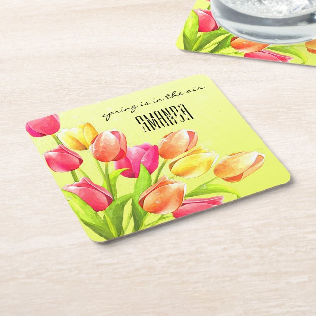 Watercolor Tulips Bouquet Monogram Square Paper Coaster (Angled)
