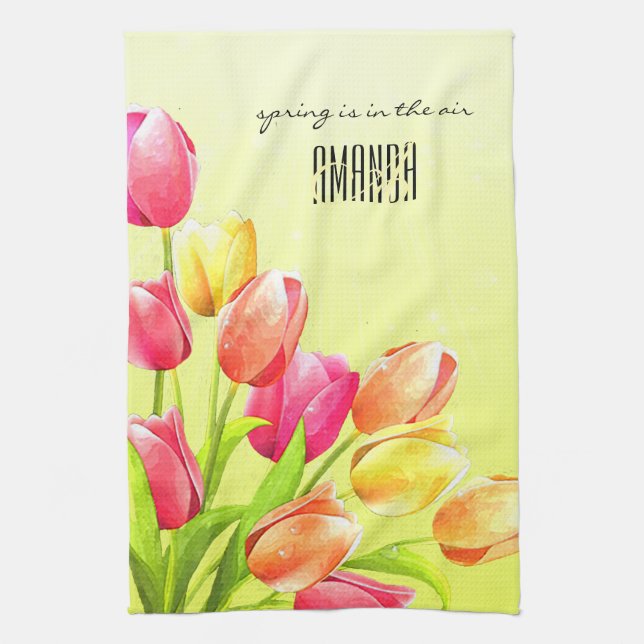 Watercolor Tulips Bouquet Monogram Tea Towel (Vertical)