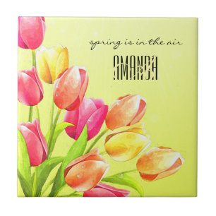 Watercolor Tulips Bouquet Monogram Tile