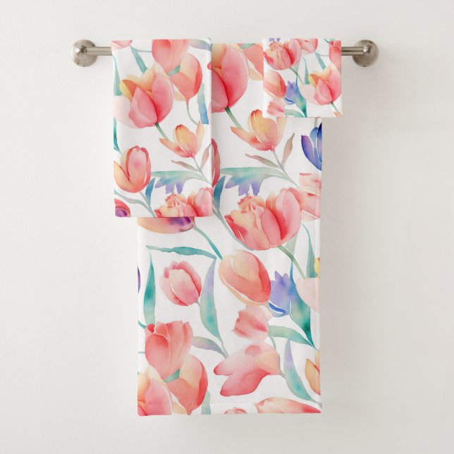 Watercolor Tulips Pattern Bathroom Towel Set (Insitu)
