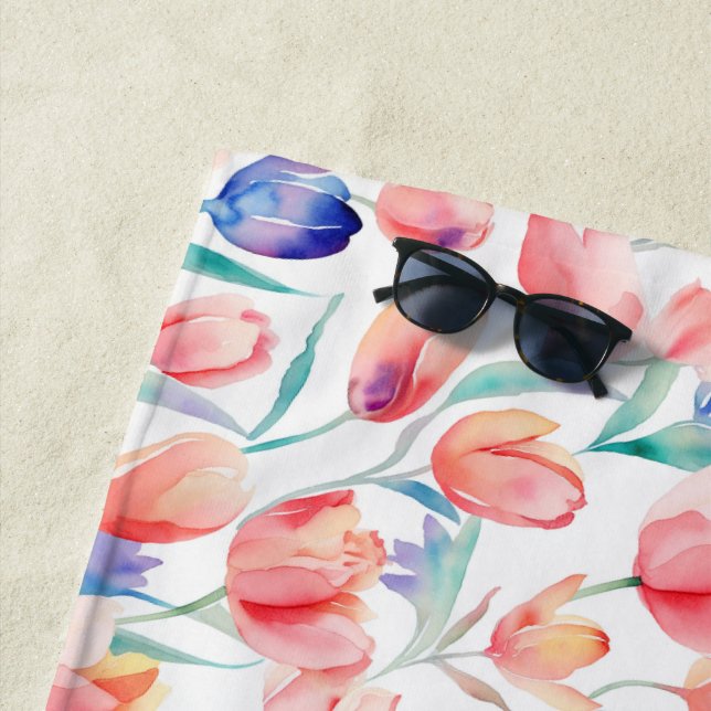 Watercolor Tulips Pattern Beach Towel (In Situ)