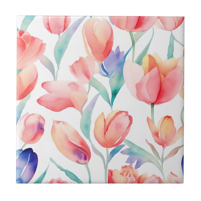 Watercolor Tulips Pattern Ceramic Tile (Front)