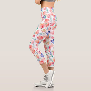 Watercolor Tulips Pattern High Waisted Capris