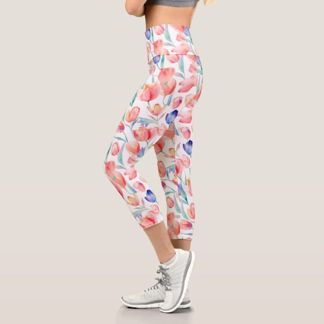 Watercolor Tulips Pattern High Waisted Capris (Left)