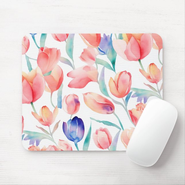 Watercolor Tulips Pattern Mousepad (With Mouse)
