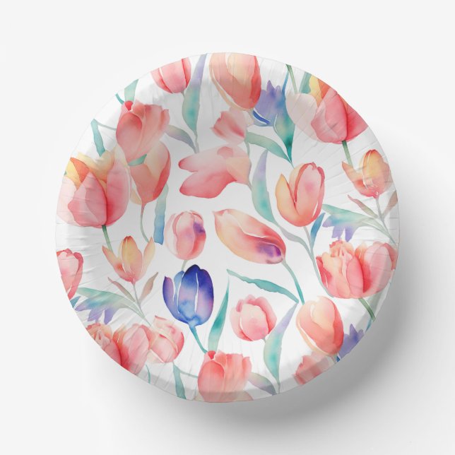 Watercolor Tulips Pattern Paper Bowls Plate (Front)