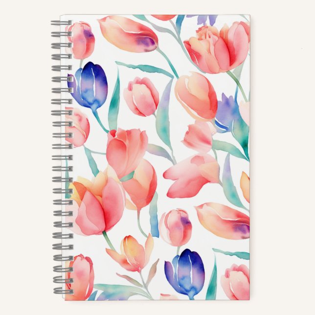 Watercolor Tulips Pattern Spiral Notebook (Front)