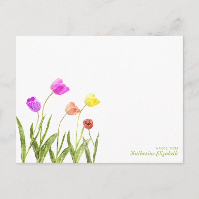 Watercolor Tulips Personalised Flat Note Card (Front)