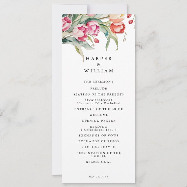 Watercolor tulips spring wedding program invitation (Front)