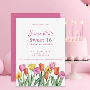Watercolor Tulips Sweet 16 Birthday Invitation
