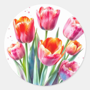Watercolor Tulips with White Edges Classic Round Sticker