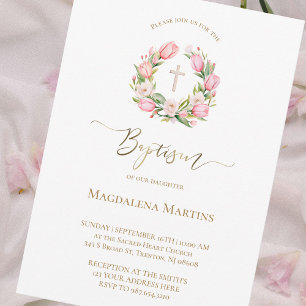 watercolor tulips wreath Baptism Invitation