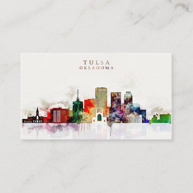 Watercolor Tulsa Skyline Business Card (Front)