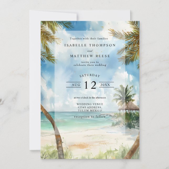 Watercolor Tulum Tropical Beach Wedding Invitation (Front)