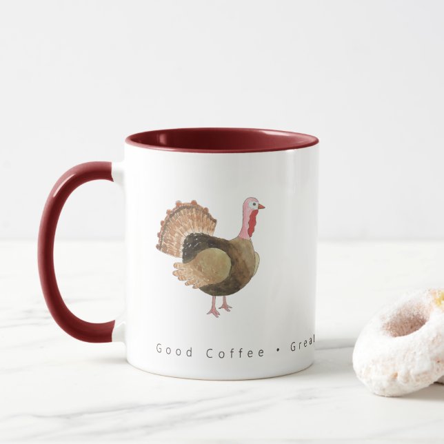 Watercolor Turkey Good Coffee Grateful Hearts Mug (With Donut)