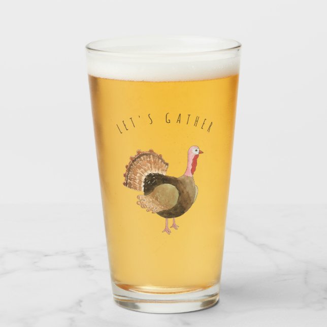 Watercolor Turkey "Let's Gather" Glass Cup (Front Filled)
