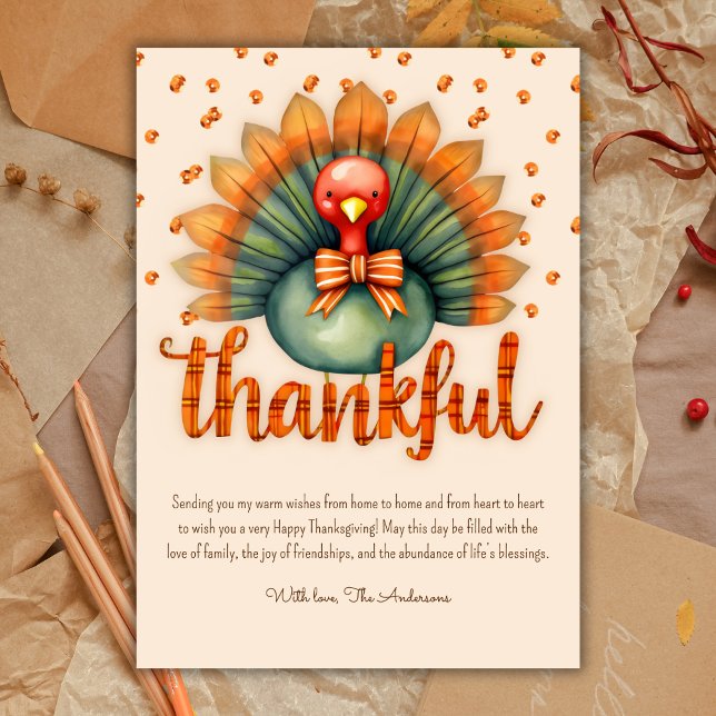 Watercolor Turkey Plaid Thankful Thanksgiving  Holiday Card (Watercolor Turkey Plaid Thankful Thanksgiving Holiday Card)