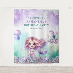 Watercolor turquoise and purple mermaid birthday tapestry