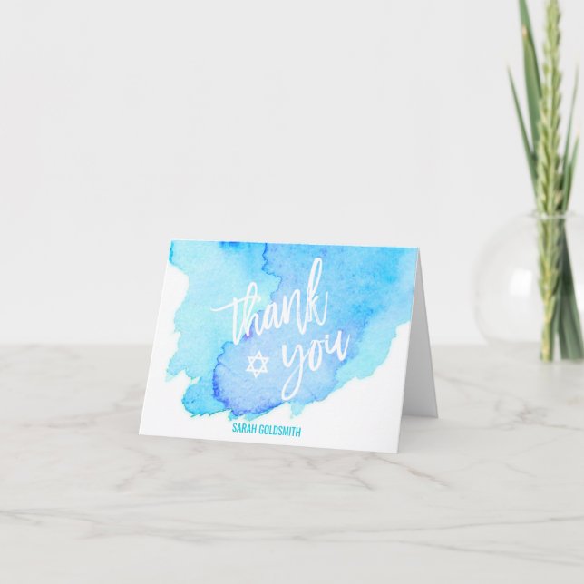 Watercolor Turquoise Bat Bar Mitzvah THANK YOU Card (Front)